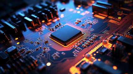 Fototapeta na wymiar circuit board, vivid colors, electrical components, pinpoint focus, dark background, ambient lighting