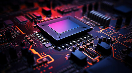 Fototapeta na wymiar circuit board, vivid colors, electrical components, pinpoint focus, dark background, ambient lighting