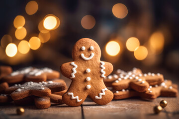 Gingerbread man and gingerbread cookies on blurred bokeh background. 