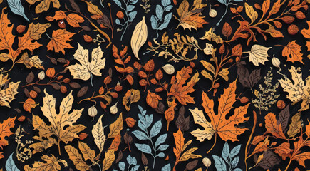 Autumn seamless pattern with different leaves and plants