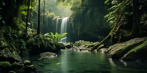 Fototapete Waldfluss Waterfall cascading into an emerald green pool, surrounded by lush tropical forest, mist rising