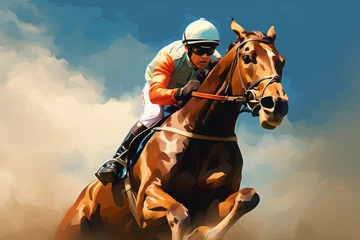 Foto op Canvas Banner with jockey at horse racing competition. Rider on horse during a race © Lazy_Bear