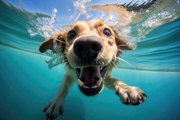 Happy dog diving underwater in swimming pool. Cute active dog have fun on summer vacation