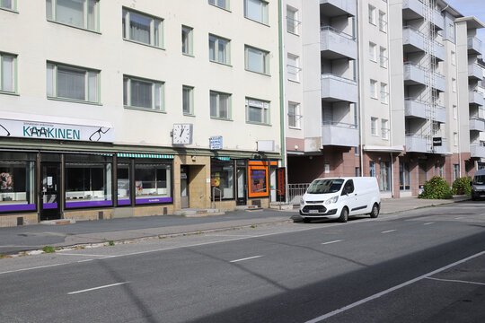 Kemi, Finland - August 23, 2023: View of the Kauppakatu street in Kemi with the Kaakinen optican shop.