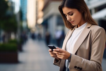 Business Frau sieht auf Ihr Smartphone. Frau in der Stadt spielt mit dem Handy und wartet.