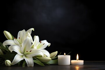 Trauerdekoration mit Kerzen und Blumen für Bererdigungen. Viel Platz für Text als Spruch oder Andacht. Auch für den Luxus Wellnessbereich zu verwenden.