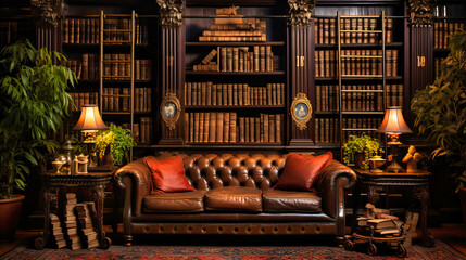Libraries with dark wood shelves and leather-bound books, - obrazy, fototapety, plakaty