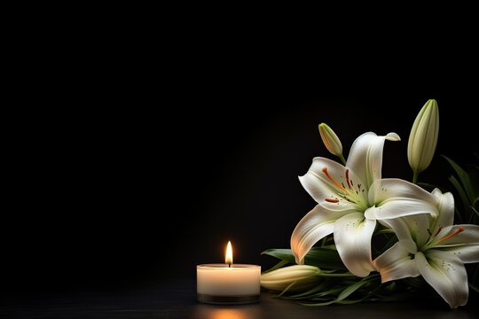 Dekoration mit Kerzen und Blumen f&uuml;r Wellness, Trauer, Beerdigungen. Viel Platz f&uuml;r Text als Spruch oder Andacht. Auch f&uuml;r den Luxus Wellnessbereich zu verwenden.