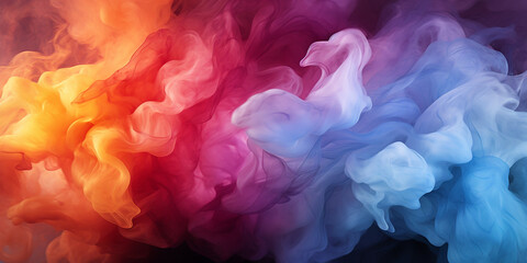Obraz premium Farben Explosion bunt mit Rauch und Holi Pulver die ineinander verschmelzen im Querfomat für Banner, ai generativ