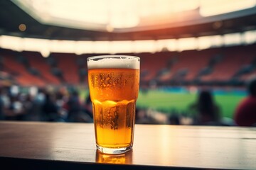 Bier trinken im Fußballstadion. Frisch gezapftes Bier als Zuschauer beim Sport mit Platz für Text. - obrazy, fototapety, plakaty