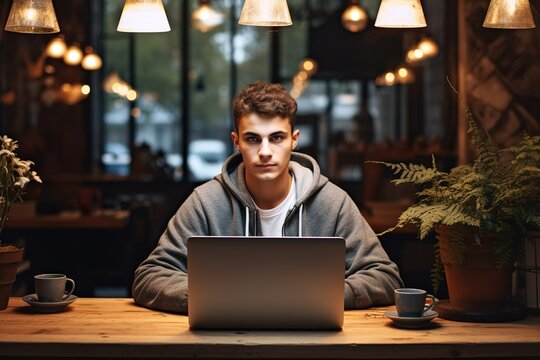 Student am Laptop im &ouml;ffentlichen Workspace. Business im Internetcafe als digitaler Nomade.  Freundliche Person im Restaurant mit Notebook. 