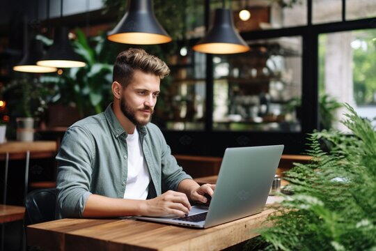 Student am Laptop im &ouml;ffentlichen Workspace. Business im Internetcafe als digitaler Nomade.  Freundliche Person im Restaurant mit Notebook. 