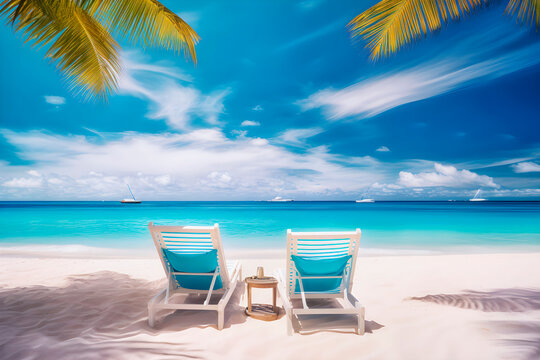 Two empty beach chairs on beach.
