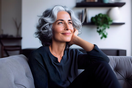 Cheerful and beautiful middle aged gray haired woman sitting on the sofa.