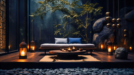 Meditation rooms with dark walls and subtle lighting