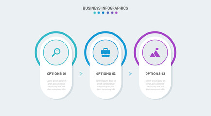 Timeline infographic with infochart. Modern presentation template with 3 spets for business process. Website template on white background for concept modern design. Horizontal layout.