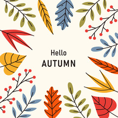 Autumn square background, frame with colorful leaves. Trendy modern design. Vector template for card, banner, invitation, social media post, poster, mobile apps, web ads.
