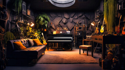 Fototapeta na wymiar Studios with dark walls for music or art creation,