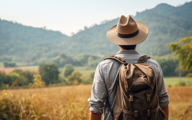 Young traveler wearing a hat with backpack hiking outdoor Travel Lifestyle and Adventure concept