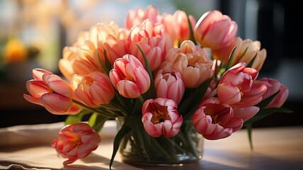 beautiful bouquet of fresh tulips in glass vase.