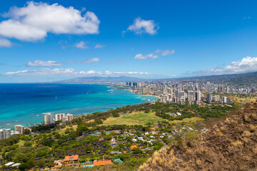 Panaroma of Honolulu beach and city view from Diamond Head lookout in Waikiki.