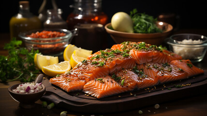 fresh salmon with spices on wooden board