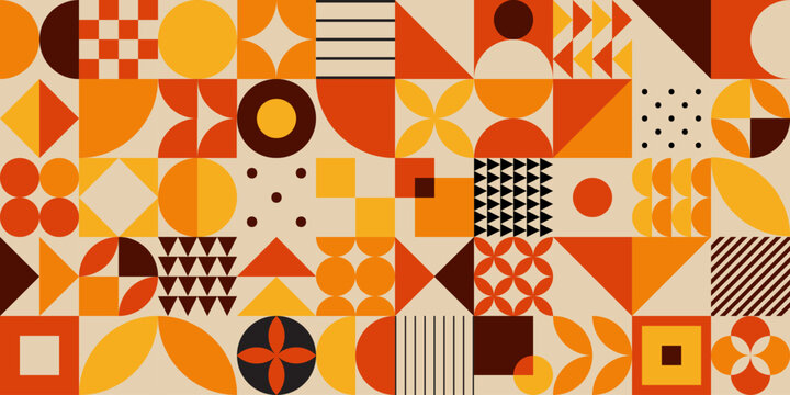 Minimal autumn colors vintage 20s geometric vintage seamless pattern design in magenta color for print, textile. Bauhaus retro background, vector flat abstract circle, triangle and square line art...