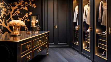 Dressing rooms with dark cabinetry and gold hardware,