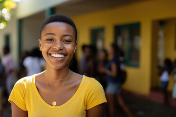 Smiling African American student dressed in a yellow t-shirt on the playground of high school