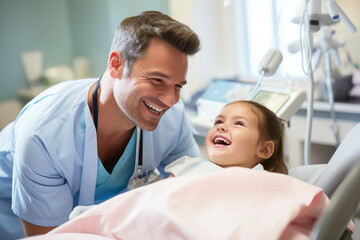 Male doctor examines child girl patient in hospital, modern clinic, mental health assessment, child wellness concept