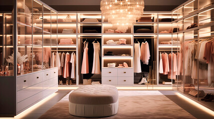 Walk-in closet with illuminated shelves