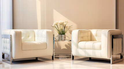 White leather armchairs with chrome details,