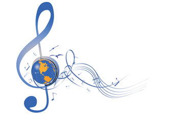 Abstract musical design with a treble clef and a planet, notes and waves.  Colorful treble clef. Hand drawn vector illustration. - 644583673
