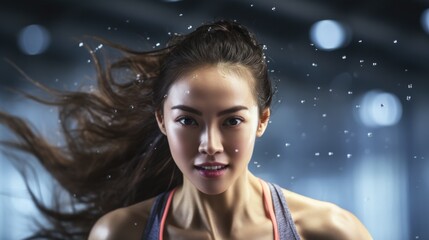 Beautiful healthy young asian sportswoman running under the rain over with one light behind her. Sporty fitness girl is celebrating her athletic accomplishments, generative ai