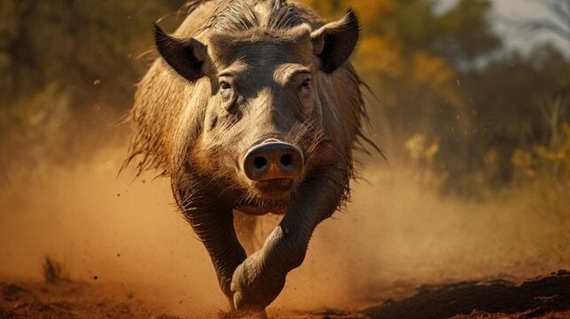 A breathtaking shot of a Warthog his natural habitat, showcasing his majestic beauty and strength.