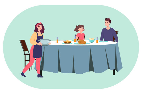 Mother bringing food to dinner table vector illustration. Cartoon drawing of father, mother and daughter eating Thanksgiving dinner together. Family, relationship, celebration concept