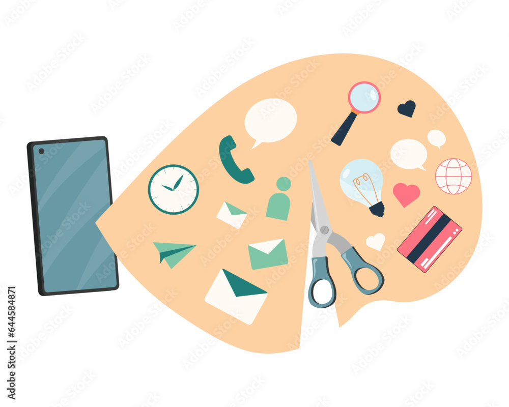 Aufkleber scissors cutting entertainment functions out of dumb phone. vector illustration. mobile device for c