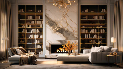 Marble-clad bookshelves with gold leaf accents