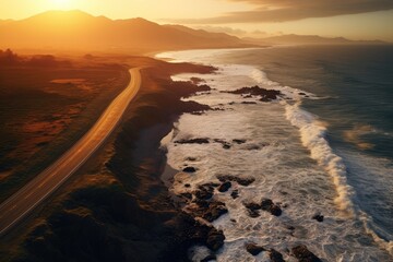 Aerial view of a road on the Atlantic Ocean at sunset. aerial view of a road going along the sea at sunset, AI Generated