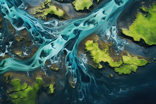 Fantasy alien planet. Abstract fractal shapes. 3D rendering illustration background. Aerial view from above on a green and blue glacier river stream in South Iceland, AI Generated