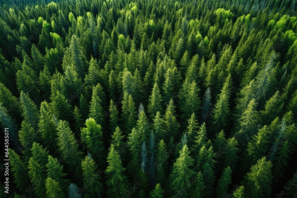 Poster aerial view of coniferous forest. top view from drone, aerial view of green summer forest with spruc