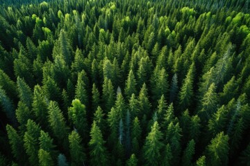 Aerial view of coniferous forest. Top view from drone, Aerial view of green summer forest with spruce and pine trees in Finland, AI Generated