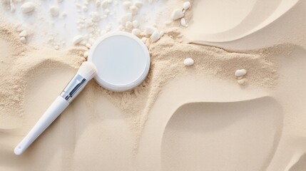 A white makeup mockup is elegantly placed on wavy sand, capturing the essence of beauty and natural elegance. Ideal for themes of cosmetic branding, luxury, and natural aesthetics.