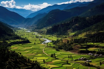 Aerial view of green rice terraces in Sapa, Vietnam, Aerial view of Paro Valley; Bhutan, AI Generated