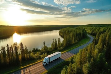 Aerial view of a truck driving along the road at sunset. Aerial view of semi truck with cargo trailer on road curve at lake shore with green pine forest. Transportation background, AI Generated - Powered by Adobe