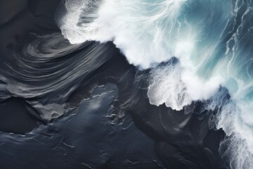 Aerial view of a stormy ocean. 3D Rendering, Aerial view of waves on black sand beach, AI Generated - obrazy, fototapety, plakaty