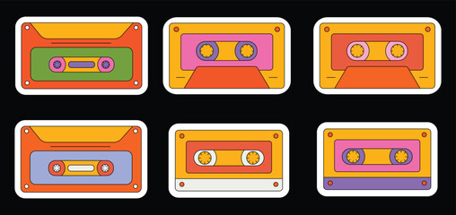Set of trendy hipster retro music elements. Collection stickers of groovy retrowave clipart. Collage with trend pop vibe with funky design element. background sticker emblem of cartoon vector