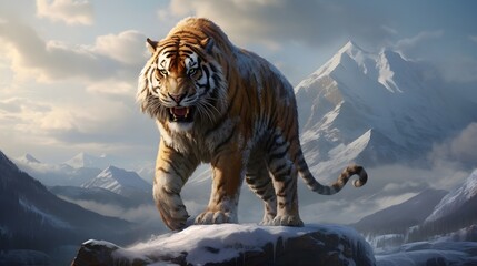 Bengal Tiger on a Snowy Rock: A Photo Realistic Image of a Fierce and Beautiful Animal