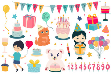Birthday illustration set. Design for greeting cards . Design element. Celebration, birthday 