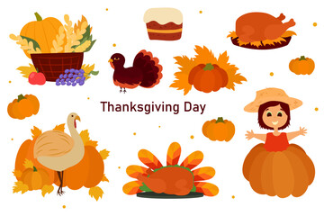 Thanksgiving illustration set, flat vector illustration. Design for holiday cards, cartoon illustrations